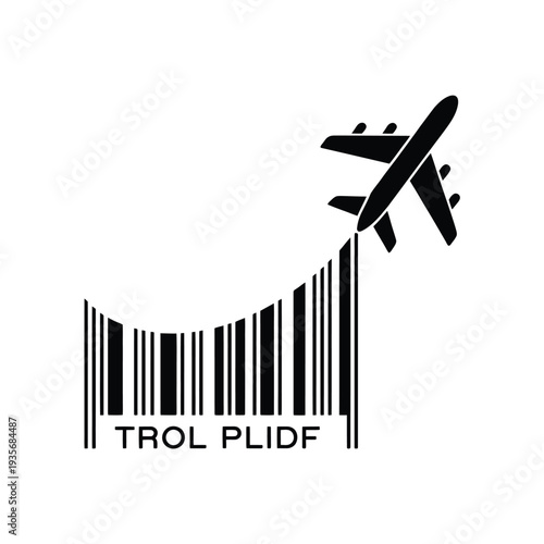 Airplane soaring above a barcode with text trol plidf below
