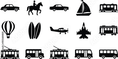 Transportation and Travel Vehicle Silhouette Icons Set with Car, Horse Rider, Sailboat, Train, Bus, Tram, Airplane, Balloon and Surfboards