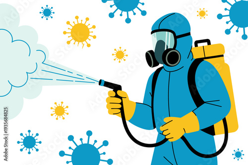 A person in protective gear spraying disinfectant against viruses and bacteria