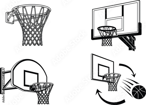 Cad drawing flat vector illustration of basketball hoop collection featuring various backboards rims nets and ball silhouettes for sports court design