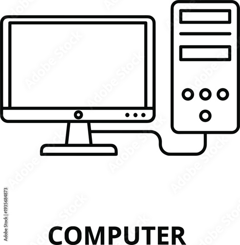 Black and white desktop computer illustration with monitor, tower CPU and cable connection labeled COMPUTER for technology, education and digital vector design projects