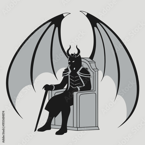 A cartoon devil sits on a throne with large wings