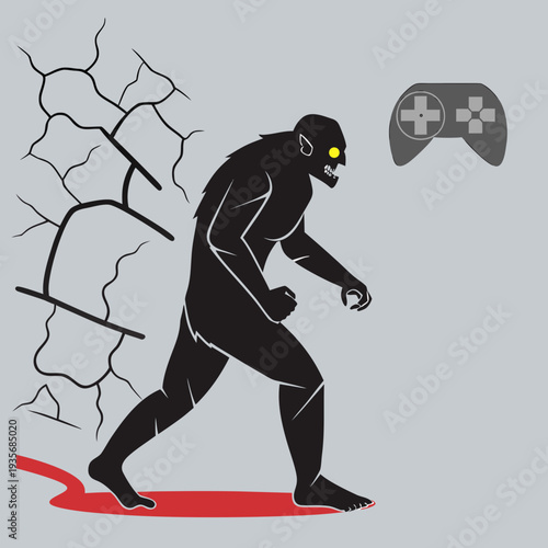 A black gorilla with glowing yellow eyes smashes through a wall towards a grey video game controller on a light grey background with a red trail.