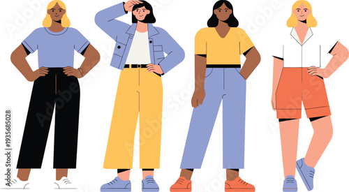 Four diverse women standing in colorful outfits and confident poses together