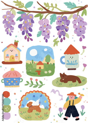 Hand-drawn soft pastel wisteria flowers and children's vector series, planner, scrapbook, children's picture book, children's stationery, greeting card, baby room decoration, party invitation