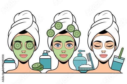 Face mask vector illustration of three women with different skincare treatments