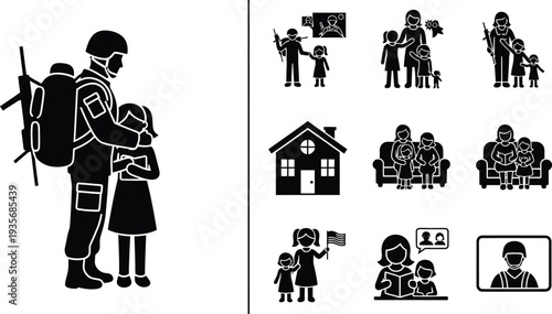Soldier icon set illustrations of military personnel and family life