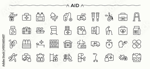 Aid icon set. Outline icons pack. Ear line icon set. Includes thin line symbols hospital, doctor, diagnosis, laboratory, pharmacy, blood, ambulance and more.