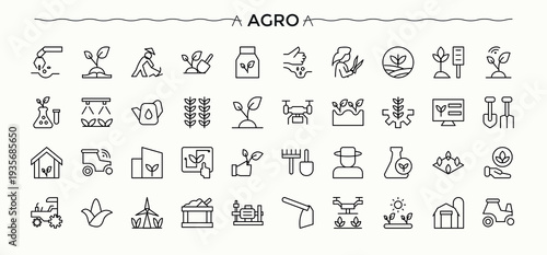 Agro icon set. Agriculture line icon set. Trendy minimal icons. Included harvest, farm, agriculture, plant and more. Editable stroke. Vector illustration.