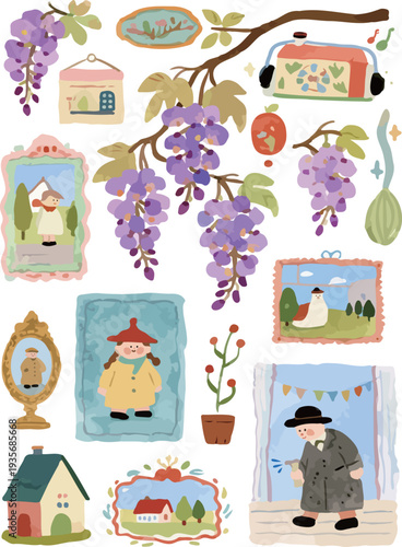 Set of hand-drawn wisteria and rural life cartoon character illustrations, planner, scrapbook, children's picture books, children's stationery, greeting cards, baby room decoration