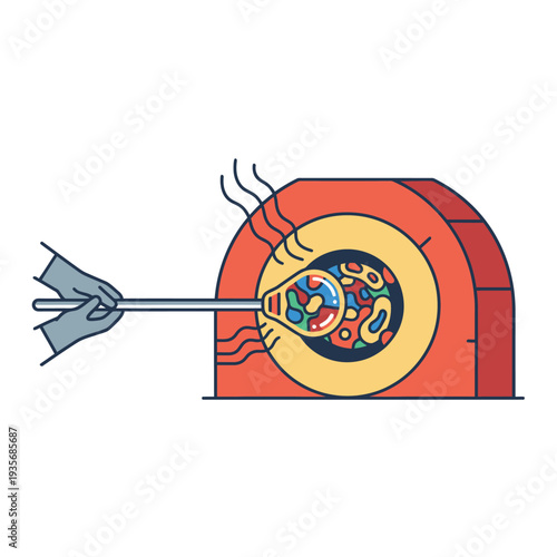 Illustration of glassblowing process in four stages inside a furnace viewed from the side
