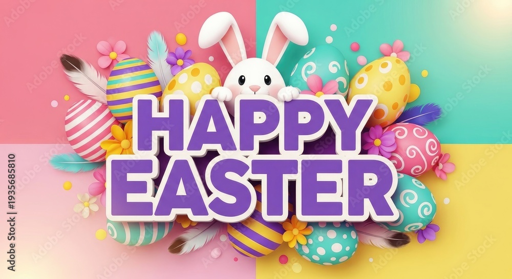 Fototapeta premium Vibrant easter celebration with bunny and decorated eggs