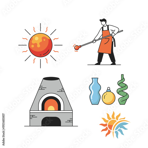 Man crafting glass artwork in a studio with furnace and various objects.eps