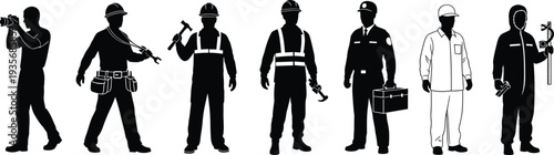 Collection of black silhouette vectors representing various professional workers including a photographer construction workers engineers and a technician with tools