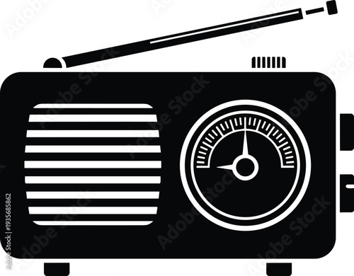 Minimal vector silhouette, vintage pocket radio with antenna and tuning dial, solid black, isolated on white.