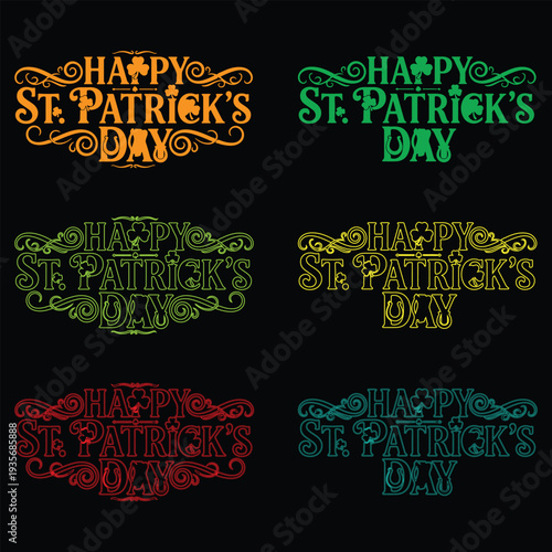 Happy St. Patrick’s Day Vintage Typography Design Set with Shamrock and Decorative Swirls on Black Background