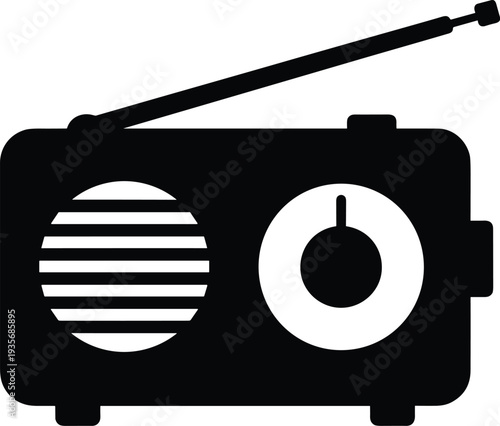 Minimal vector silhouette, vintage pocket radio with antenna and tuning dial, solid black, isolated on white.
