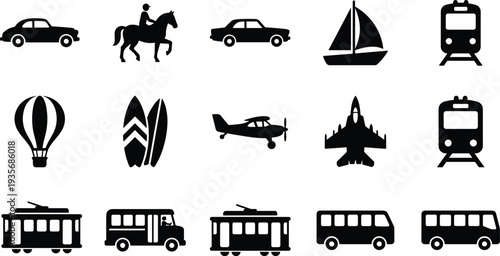 Transportation Vehicle Icons Set Featuring Car, Horse Rider, Sailboat, Train, Airplane, Bus, Tram, Balloon and Surfboard Silhouette Collection