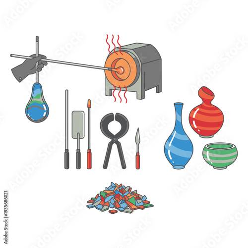 Glassblowing Process with Furnace and Tools Illustrated Scene