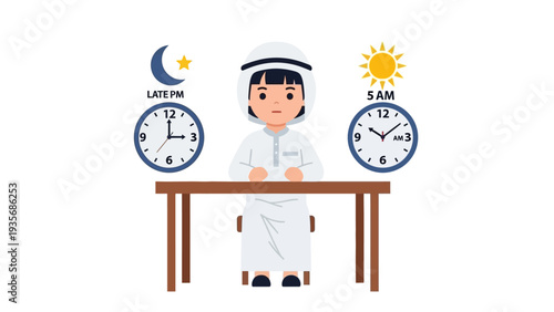 Muslim boy waiting for prayer time on table with clocks.