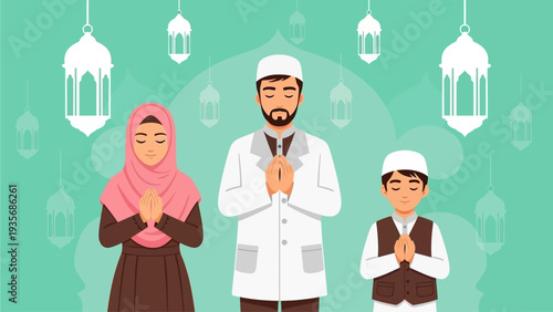 Muslim family praying together during Ramadan or Eid celebration.