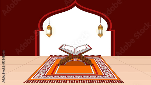 Islamic prayer rug with open Quran book in a serene mosque setting.