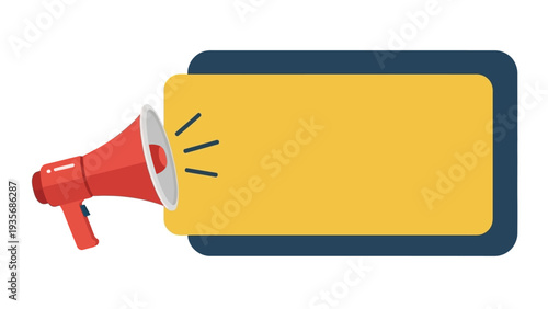 Red megaphone with yellow speech bubble announcement.