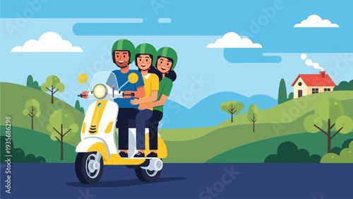 Family Riding Scooter on a Sunny Day in the Countryside.