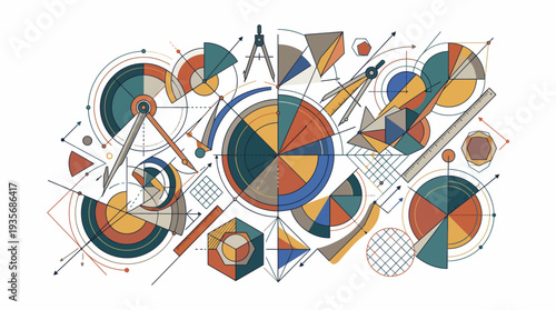 Colorful geometric shapes and pie charts arranged in a fun math illustration for Pi Day, conveying a joyful and educational mood with a mix of 2D and 3D elements