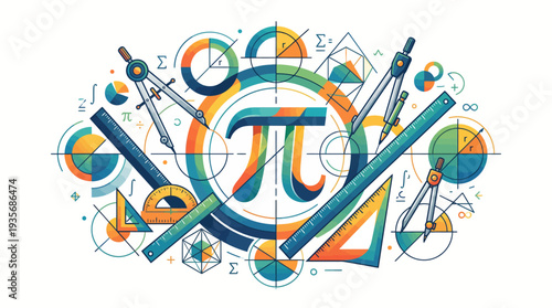 Colorful vector illustration of mathematical symbols and tools for Pi Day, featuring geometric shapes and educational design elements in a fun and playful composition