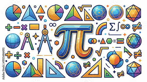 Colorful illustration of mathematical symbols and shapes for Pi Day, featuring geometric figures and equations in a fun educational design