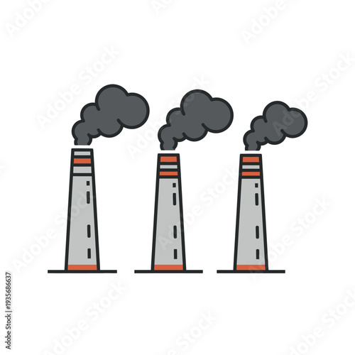 Industrial towers emitting smoke into the atmosphere, vector illustration of factories, industrial scene, pollution, and environment