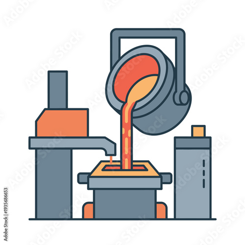 Industrial Foundry Scene with Molten Metal Pouring into Furnace