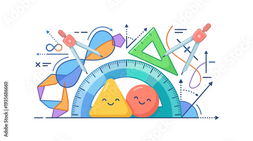 A colorful cartoon illustration of smiling geometric shapes and math tools for fun education and learning in school