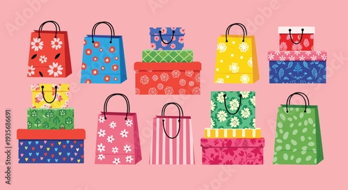 Colorful gift bags and floral pattern present boxes for holiday shopping celebration birthday surprise cad drawing flat vector illustration, isolated.