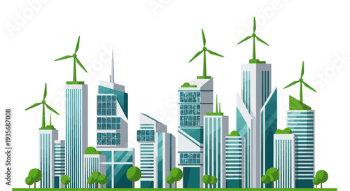 Eco-friendly cityscape with wind turbines and green buildings, sustainable urban future concept