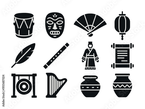 Cultural icon set featuring instruments masks and traditional artifacts