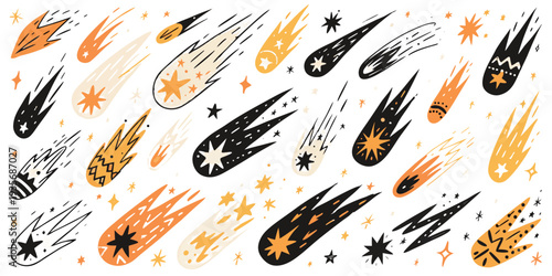 Falling Stars Crayon Chalk Drawing Doodle PNG Transparent Set .vector icon
