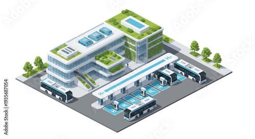 Modern Hydrogen Fueling Station with Electric Buses and Eco-Friendly Building