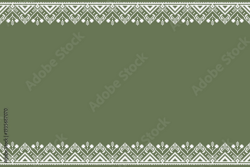 Green and white geometric folk border frame with symmetrical top and bottom decorative bands. Pixel-style motifs with wide central space suitable for textile panels, fabric trims, layouts, and backgro