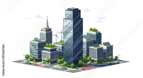 Eco-friendly cityscape with modern skyscrapers, green roofs, solar panels, and wind turbines.