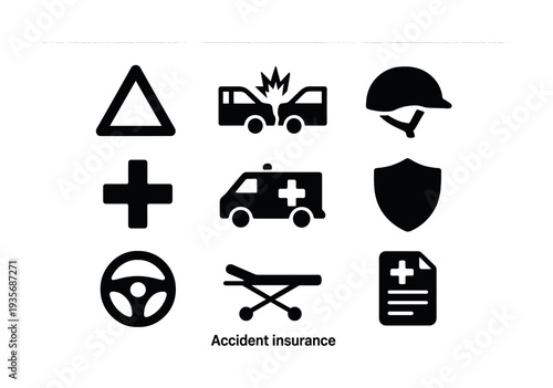 Accident insurance icons: safety symbols including ambulance, helmet, shield, and more