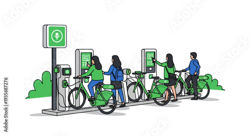 People using shared electric bikes at a charging station, urban mobility concept