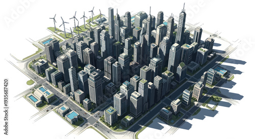 Modern Cityscape with Skyscrapers and Wind Turbines, Sustainable Urban Development
