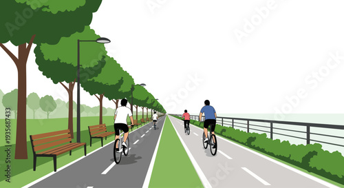 People cycling on a scenic paved bike path beside a tree-lined park and waterfront.