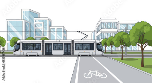 Modern tram on city street with bicycle lane and buildings