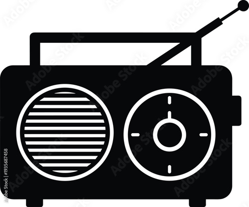 Minimal vector silhouette, vintage pocket radio with antenna and tuning dial, solid black, isolated on white.