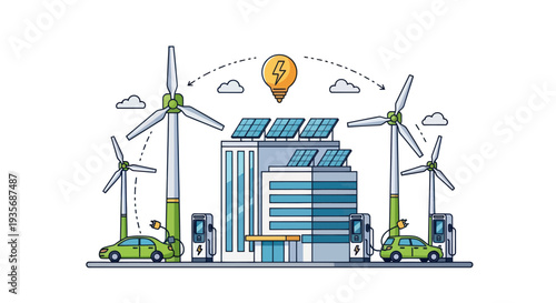 Renewable Energy Hub: Electric Cars Charging at Solar & Wind Powered Building