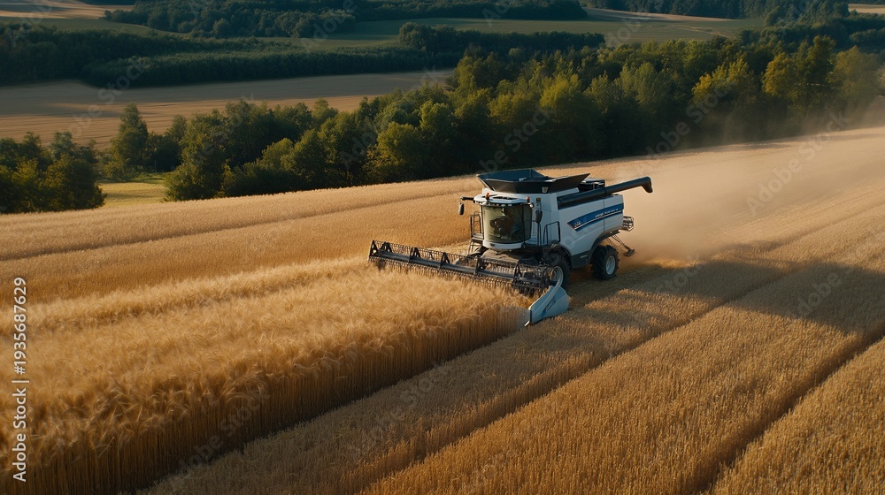 Fototapeta premium Aerial view of a combine working on a field, demonstrating efficient crop harvesting techniques and the expanse of farmland in the background filled with ripe produce. cinematic color correction,