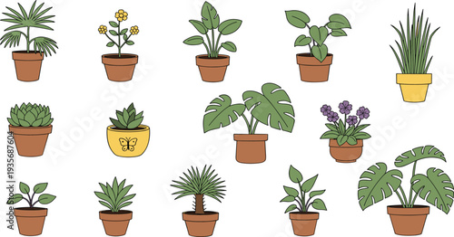 Decorative Indoor Potted Houseplants Collection with Monstera Palm Succulent Flower and Tropical Foliage Flat Vector Botanical Illustration for Home Decor.